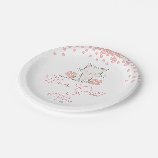 Roze Flowers Kitten Girl Baby shower Papieren Bordje (Gekanteld)