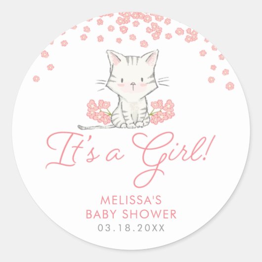 Roze Flowers Kitten Girl Baby shower Ronde Sticker (Voorkant)