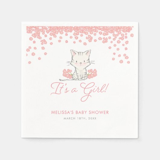 Roze Flowers Kitten Girl Baby shower Servet (Voorkant)