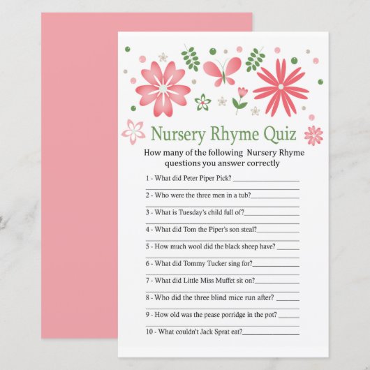 Roze Flowers Nursery Rhyme Quiz baby shower game (Voorkant / Achterkant)