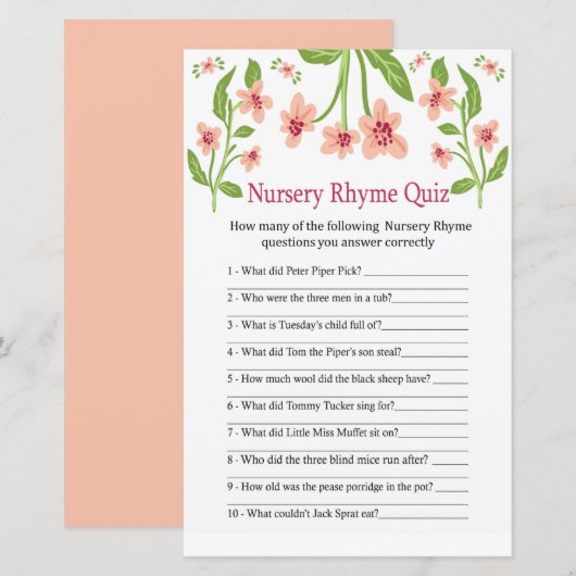 Roze Flowers Nursery Rhyme Quiz baby shower game (Voorkant / Achterkant)