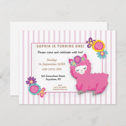 Roze Fluffy Llama Stripe Eerste Verjaardag Uitnodi Briefkaart (Voorkant / Achterkant)