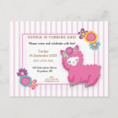 Roze Fluffy Llama Stripe Eerste Verjaardag Uitnodi Briefkaart (Voorkant)