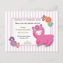 Roze Fluffy Llama Stripe Eerste Verjaardag Uitnodi Briefkaart