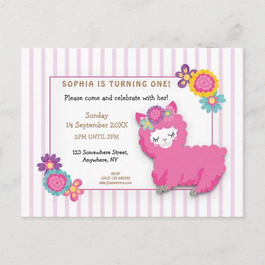 Roze Fluffy Llama Stripe Eerste Verjaardag Uitnodi Briefkaart (Voorkant)