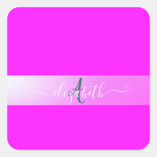 Roze fluorescerend monogram vierkante sticker (Voorkant)