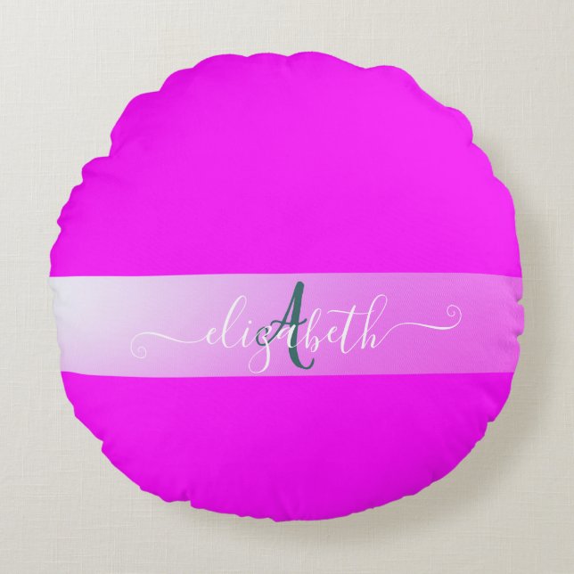 Roze fluorescerende monogram ronde piloot rond kussen (Voorkant)