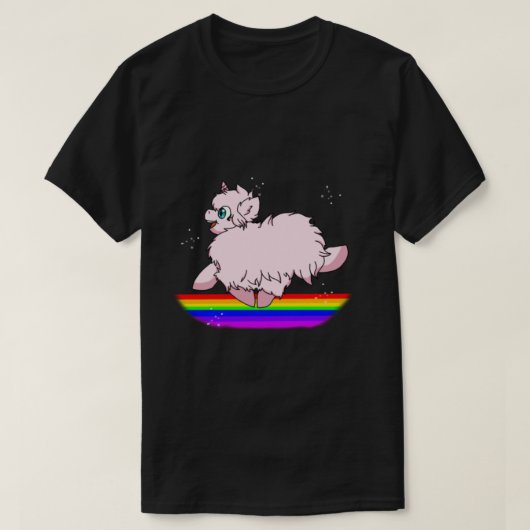 Roze fluorescerende Unicorns dansend op regenbogen T-shirt (Design voorkant)