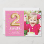 Roze Folie Ballon Foto 2e Verjaardag Uitnodiging (Voorkant)