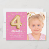 Roze Folie ballon foto 4e verjaardag uitnodiging (Voorkant)