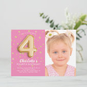 Roze Folie ballon foto 4e verjaardag uitnodiging (Staand voorkant)