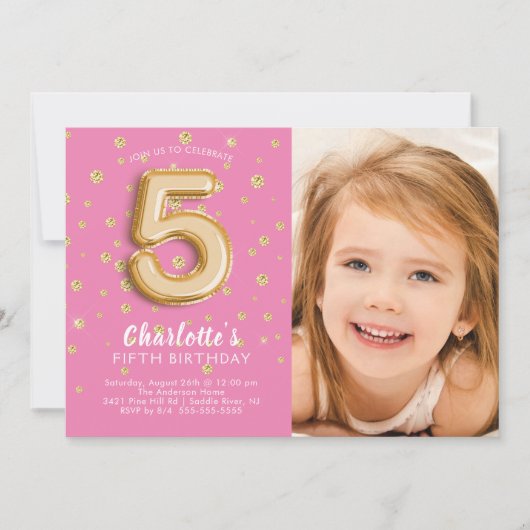 Roze Folie Ballon Foto 5de Verjaardagsuitnodiging Kaart (Voorkant)