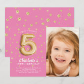 Roze Folie Ballon Foto 5de Verjaardagsuitnodiging Kaart (Voorkant / Achterkant)