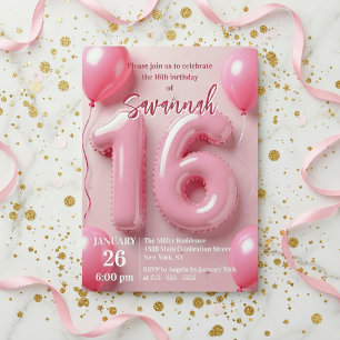 Roze Folie Ballon Typografie Sweet 16 Verjaardag Kaart
