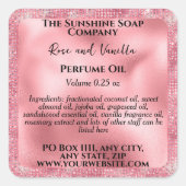 Roze Folie & Glitter Parfum Roller Flessenetiket Vierkante Sticker (Voorkant)