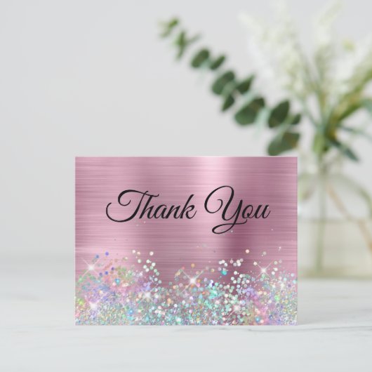 Roze Folie Holo Glitter Bedankt Briefkaart (Staand voorkant)