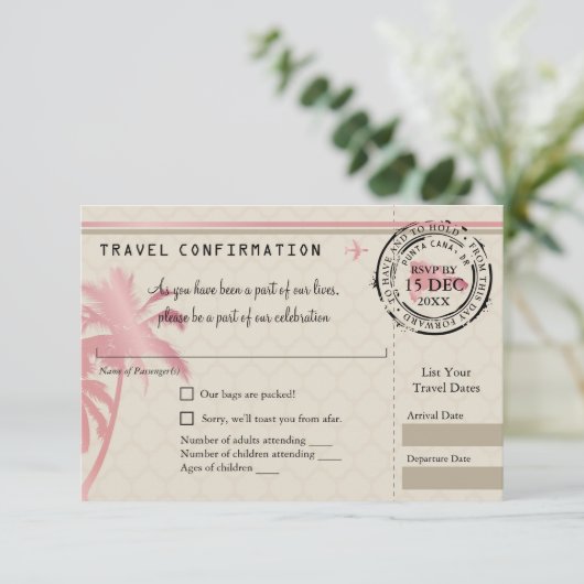 Roze Folie RSVP-instapkaart naar Dominicaanse Repu RSVP Kaartje (Staand voorkant)