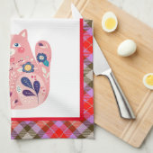Roze Folk Art Kat Keukenhanddoek (Quarter Fold)
