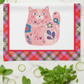 Roze Folk Art Kitty Keukenhanddoek (Gevouwen)