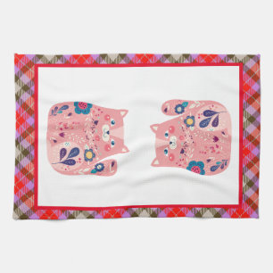 Roze Folk Art Kitty Keukenhanddoek