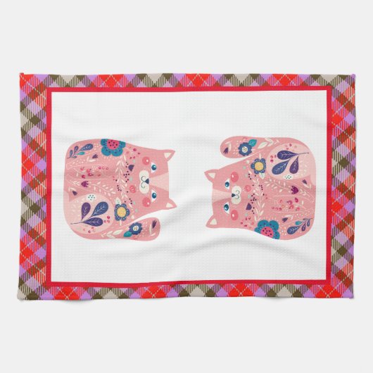 Roze Folk Art Kitty Keukenhanddoek (Horizontaal)