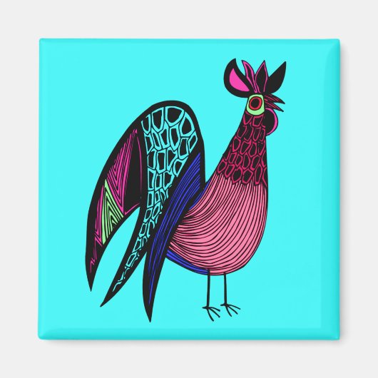 Roze Folk Art Rooster Magneet (Voorkant)