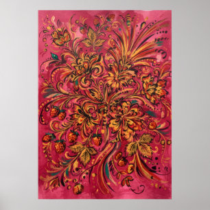 Roze Folk Bloemige Aardbei Poster