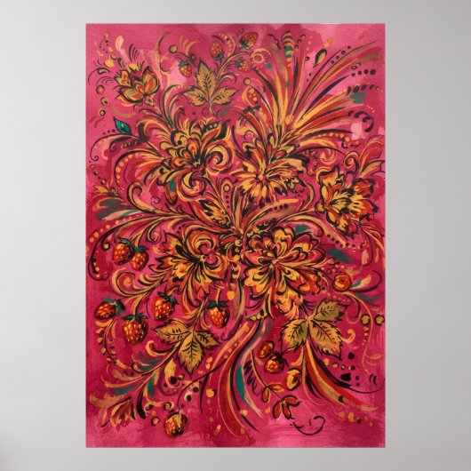 Roze Folk Bloemige Aardbei Poster (Voorkant)