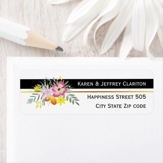 Roze folklore bloemen zwart-wit moderne bruiloft etiket (Insitu)