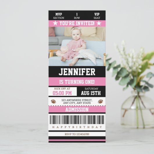 Roze Football Ticket Girl Birthday Party Foto Kaart (Staand voorkant)