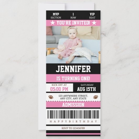 Roze Football Ticket Girl Birthday Party Foto Kaart (Voorkant)