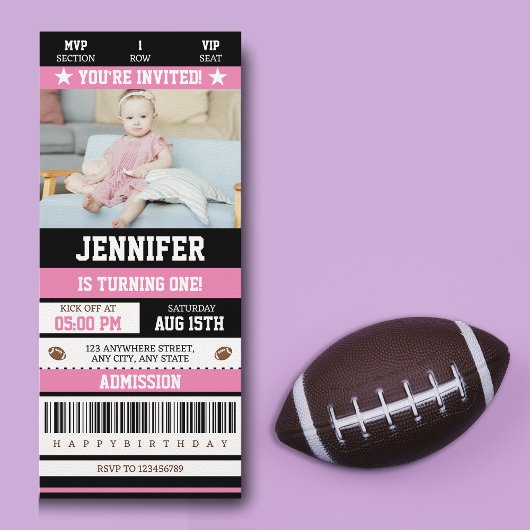 Roze Football Ticket Girl Birthday Party Foto Kaart