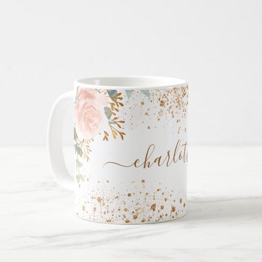 Roze forals eucalyptus goud schittert naam koffiemok (Voorkant links)