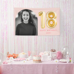 Roze Foto 18e Verjaardag Gouden Ballon Spandoek