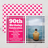 Roze foto 90th Birthday Party Invitation Kaart (Voorkant / Achterkant)