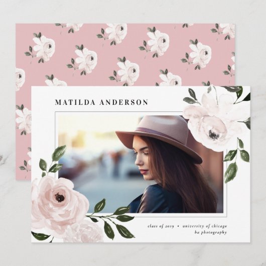Roze  foto afstuderen foto bloem aankondiging (Voorkant / Achterkant)