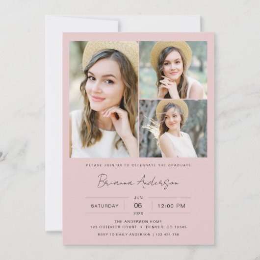 Roze Foto Afstuderen Party Modern Chic Kaart (Achterkant)