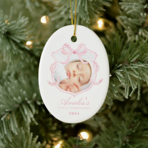 Roze Foto Baby Meisje Eerste Kerstmis Keramisch Ornament