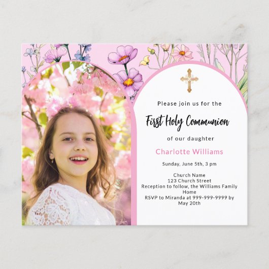 Roze foto boog bloemen Eerste Communie uitnodiging (Voorkant)