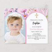 Roze foto boog bloemen meisje doop uitnodiging (Voorkant)