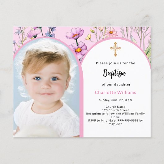 Roze foto boog bloemen meisje doop uitnodiging (Voorkant)