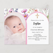 Roze foto boog bloemen meisje doop uitnodiging (Voorkant)