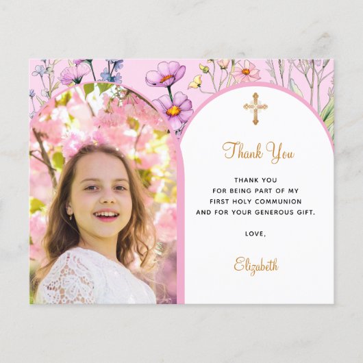 Roze foto boog bloemenbevestiging Dank u kaart (Voorkant)