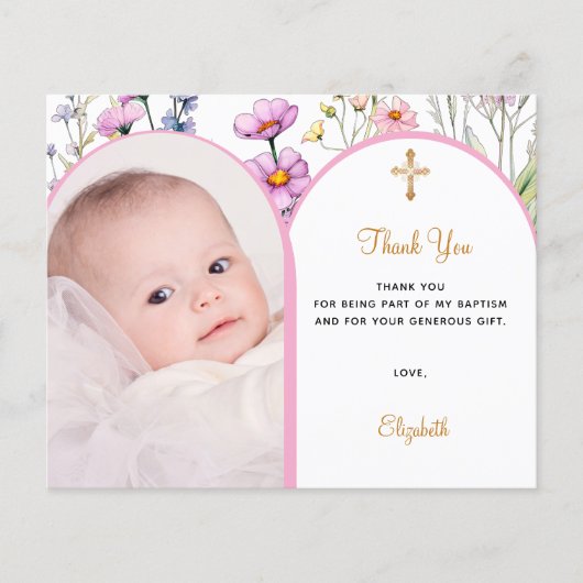 Roze foto boog bloemenmeisje Doop Dank u kaart (Voorkant)