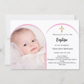 Roze foto boogmeisje kruis doop kaart (Voorkant)