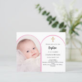 Roze foto boogmeisje kruis doop uitnodiging (Staand voorkant)