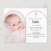 Roze foto boogmeisje kruis doop uitnodiging (Voorkant)