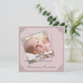 Roze Foto Doopfeest Kaart (Staand voorkant)