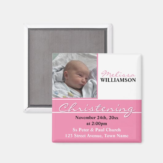 Roze foto doopsel of doop uitnodiging magneet (Voorkant / Achterkant)