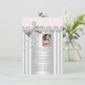 Roze foto Eerste Communie kant kruis Kaart (Staand voorkant)